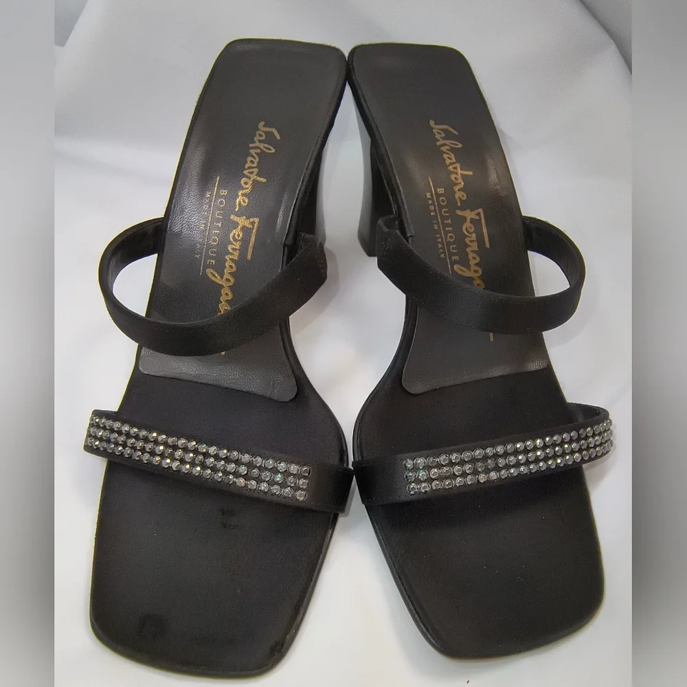 FERRAGAMO - Salvatore Ferragamo Satin & Crystal-Embellished Block Heel Sandals
